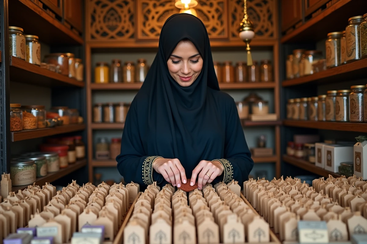Jeune femme arabe en abaya emballant des bâtonnets d'encens artisanal dans un souk traditionnel du Moyen-Orient