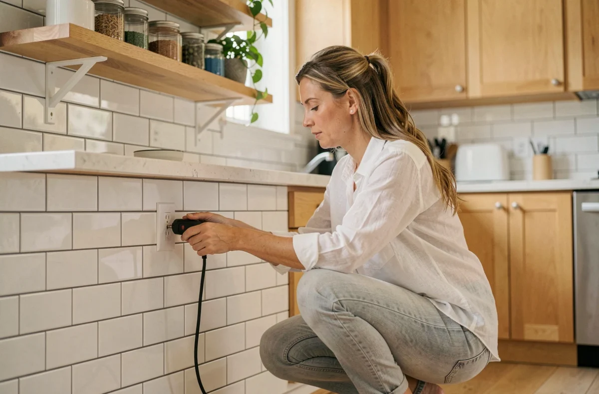 Femme branchant un appareil sur une prise murale bien positionnée au-dessus du plan de travail dans une cuisine moderne