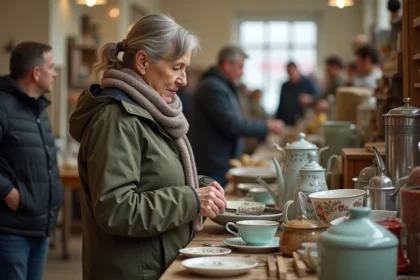 Femme d'âge moyen examinant vaisselle vintage dans une brocante