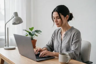 Femme travaillant à son bureau dans un espace de travail home office avec un éclairage naturel et une lampe de bureau pour optimiser la productivité