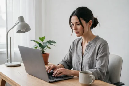 Femme travaillant à son bureau dans un espace de travail home office avec un éclairage naturel et une lampe de bureau pour optimiser la productivité