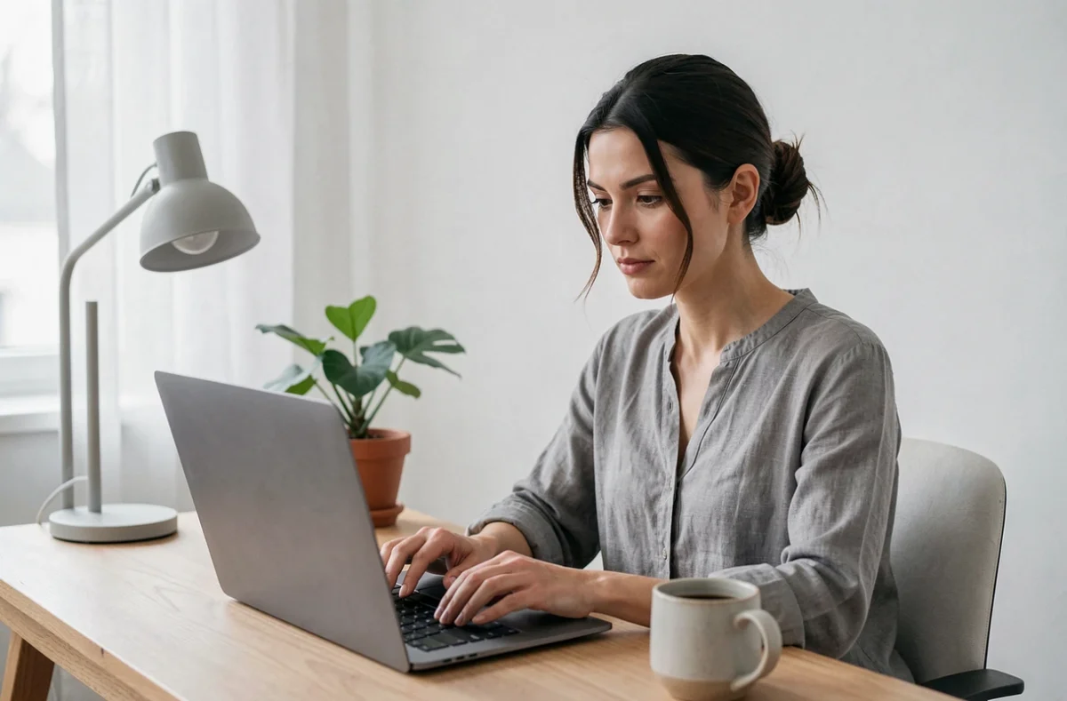 Femme travaillant à son bureau dans un espace de travail home office avec un éclairage naturel et une lampe de bureau pour optimiser la productivité