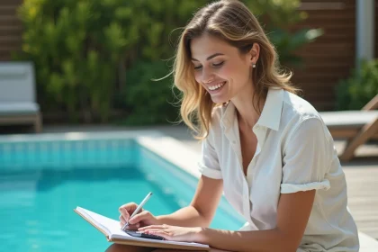Femme assise au bord de la piscine en été avec un carnet