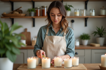 Femme examine des bougies maison sur une table en bois