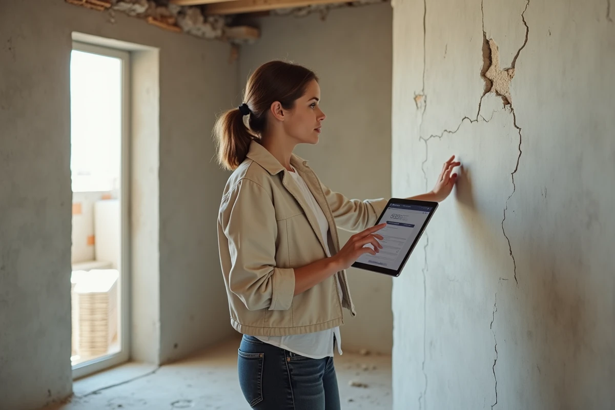 Femme sur un chantier de rénovation consultant un devis travaux en ligne sur une tablette dans une pièce en cours de travaux