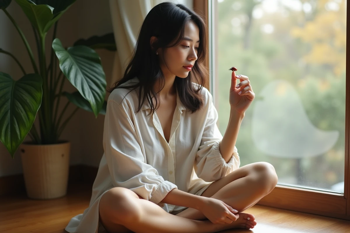Femme contemplant une coccinelle sur son doigt près d'une fenêtre, moment de connexion spirituelle et de signe de l'univers