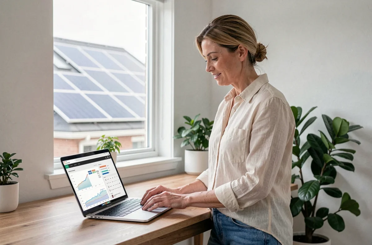 Femme consultant les données de rendement de son panneau solaire 400 Wc sur un ordinateur portable à la maison