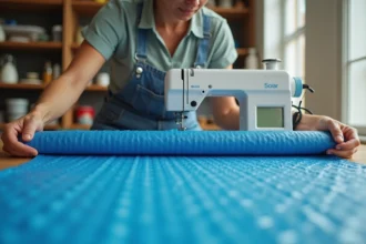 Femme cousant une couverture de piscine solaire en tissu texturé