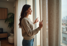 Femme touchant un rideau thermique dans un salon moderne