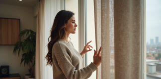 Rideau isolant ou rideau thermique : qui choisir ? Les différences à connaître Femme touchant un rideau thermique dans un salon moderne