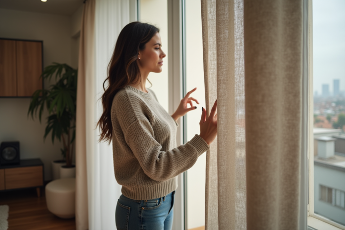 Femme touchant un rideau thermique dans un salon moderne