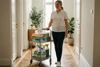 Femme de ménage professionnelle poussant un chariot de nettoyage dans le couloir d'un appartement moderne à Asnières-sur-Seine