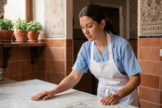 Femme de ménage marocaine en uniforme bleu nettoyant un plan de travail en marbre dans une cuisine de riad à Marrakech