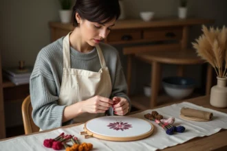 Femme débutante en broderie enfilant une aiguille avec des fils colorés de qualité premium sur une table en bois