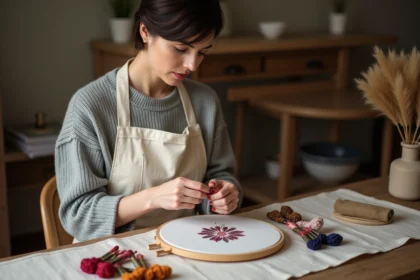 Femme débutante en broderie enfilant une aiguille avec des fils colorés de qualité premium sur une table en bois