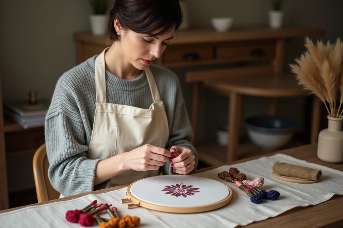 Femme débutante en broderie enfilant une aiguille avec des fils colorés de qualité premium sur une table en bois