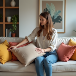 Choisir la couleur parfaite pour mettre en valeur votre salon : nos astuces déco ! Femme arrangeant des coussins colorés dans un salon moderne