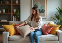 Choisir la couleur parfaite pour mettre en valeur votre salon : nos astuces déco ! Femme arrangeant des coussins colorés dans un salon moderne