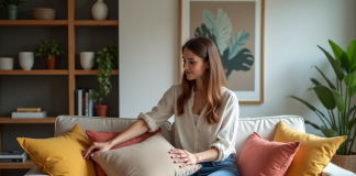 Femme arrangeant des coussins colorés dans un salon moderne