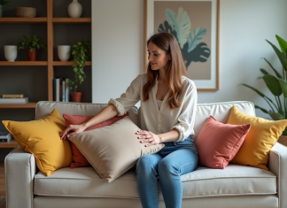 Choisir la couleur parfaite pour mettre en valeur votre salon : nos astuces déco ! Femme arrangeant des coussins colorés dans un salon moderne