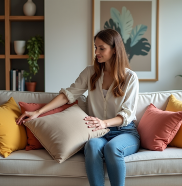 Choisir la couleur parfaite pour mettre en valeur votre salon : nos astuces déco ! Femme arrangeant des coussins colorés dans un salon moderne