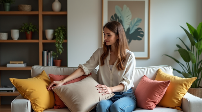Choisir la couleur parfaite pour mettre en valeur votre salon : nos astuces déco ! Femme arrangeant des coussins colorés dans un salon moderne