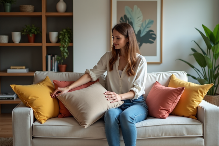 Femme arrangeant des coussins colorés dans un salon moderne