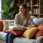 Disposition coussins canapés : Conseils et idées de décoration Femme élégante arrangeant des coussins colorés dans un salon moderne