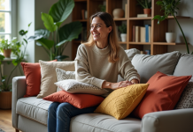 Femme élégante arrangeant des coussins colorés dans un salon moderne
