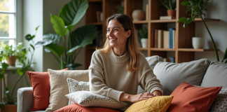 Disposition coussins canapés : Conseils et idées de décoration Femme élégante arrangeant des coussins colorés dans un salon moderne