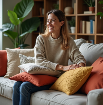 Femme élégante arrangeant des coussins colorés dans un salon moderne