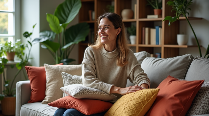 Disposition coussins canapés : Conseils et idées de décoration Femme élégante arrangeant des coussins colorés dans un salon moderne