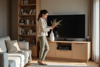 Femme stylée arrangeant un vase dans un salon moderne