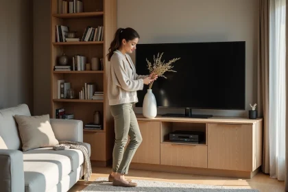 Femme stylée arrangeant un vase dans un salon moderne
