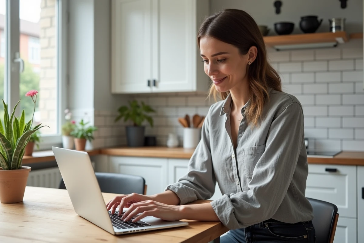Femme consultant le site Tousrenov.be pour obtenir un devis travaux en ligne sans stress