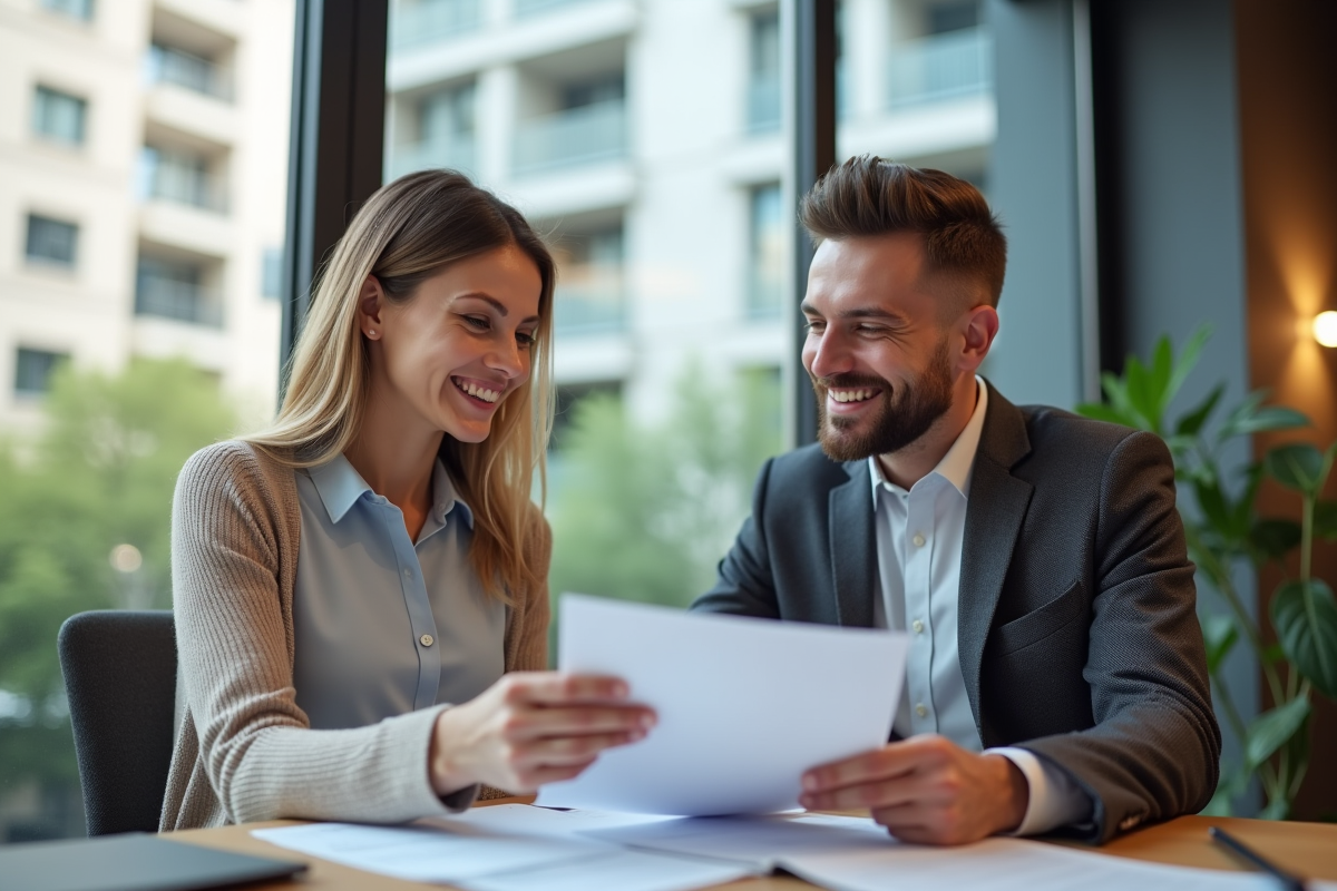 Femme en blouse discute avec conseiller fiscal dans un bureau lumineux