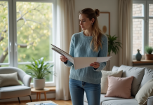 Femme en sweater bleu tenant un échantillon de papier peint dans un salon