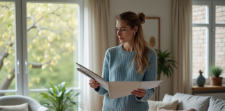 Femme en sweater bleu tenant un échantillon de papier peint dans un salon