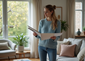 Femme en sweater bleu tenant un échantillon de papier peint dans un salon