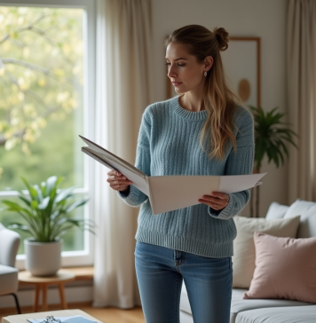 Conseils pour choisir le papier peint idéal et agrandir une pièce : les astuces à connaître Femme en sweater bleu tenant un échantillon de papier peint dans un salon