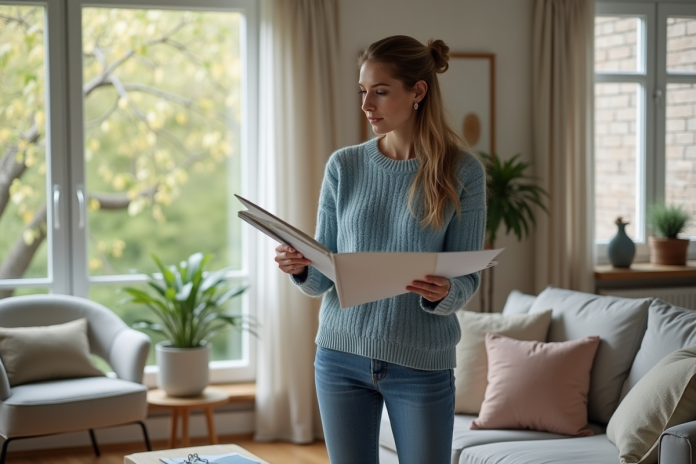 femme-echantillon-papier-peint Femme en sweater bleu tenant un échantillon de papier peint dans un salon