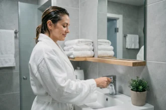 Femme en peignoir blanc fermant le robinet d'une salle de bain moderne pour économiser l'eau sous la douche