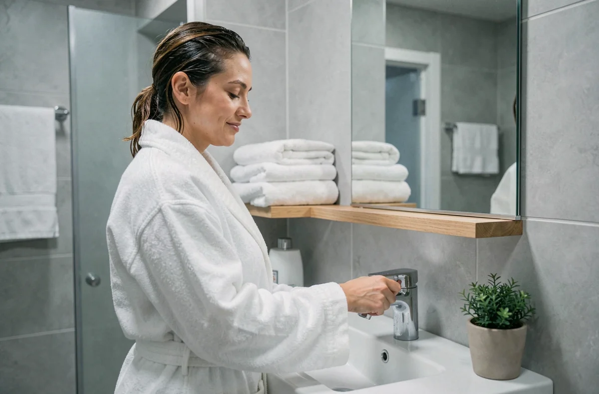 Femme en peignoir blanc fermant le robinet d'une salle de bain moderne pour économiser l'eau sous la douche