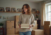 Femme emballant des livres dans une pièce chaleureuse