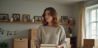 Femme emballant des livres dans une pièce chaleureuse