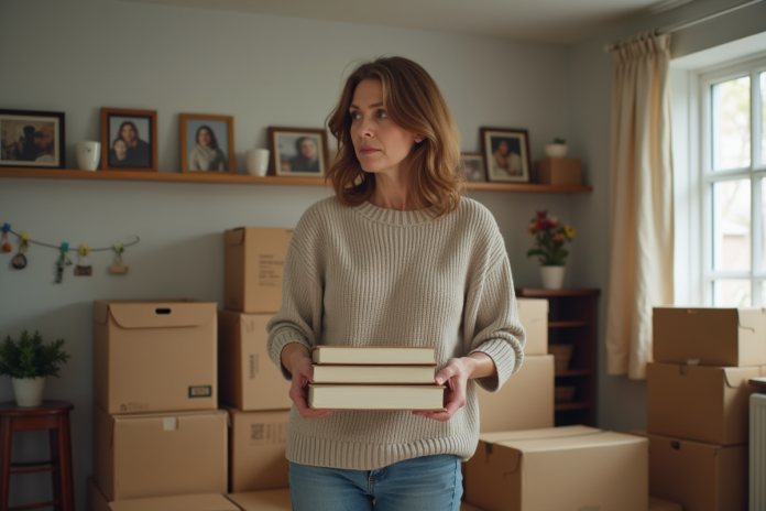 femme-emballage-lecture Femme emballant des livres dans une pièce chaleureuse