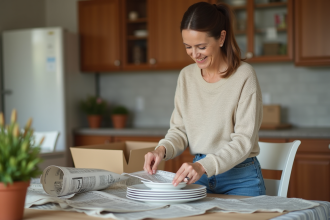 Femme emballant de la porcelaine dans la cuisine