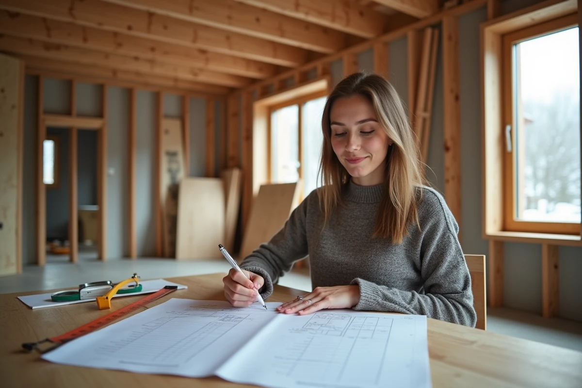 Jeune femme analysant un devis de construction dans un chalet en cours