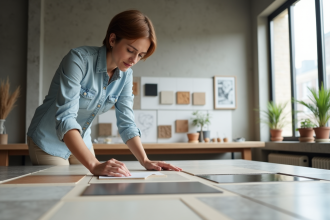 Femme de 35 ans examine des carreaux dans un studio moderne