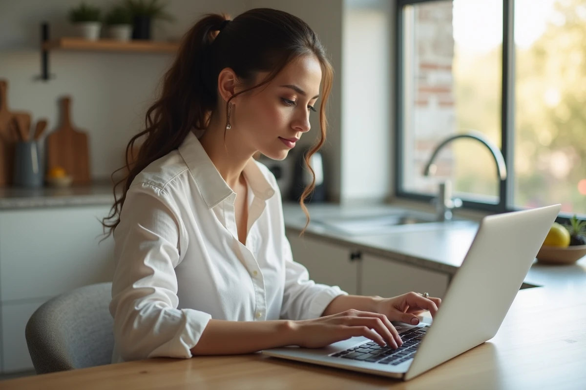 Jeune femme utilisant un ordinateur dans une cuisine moderne